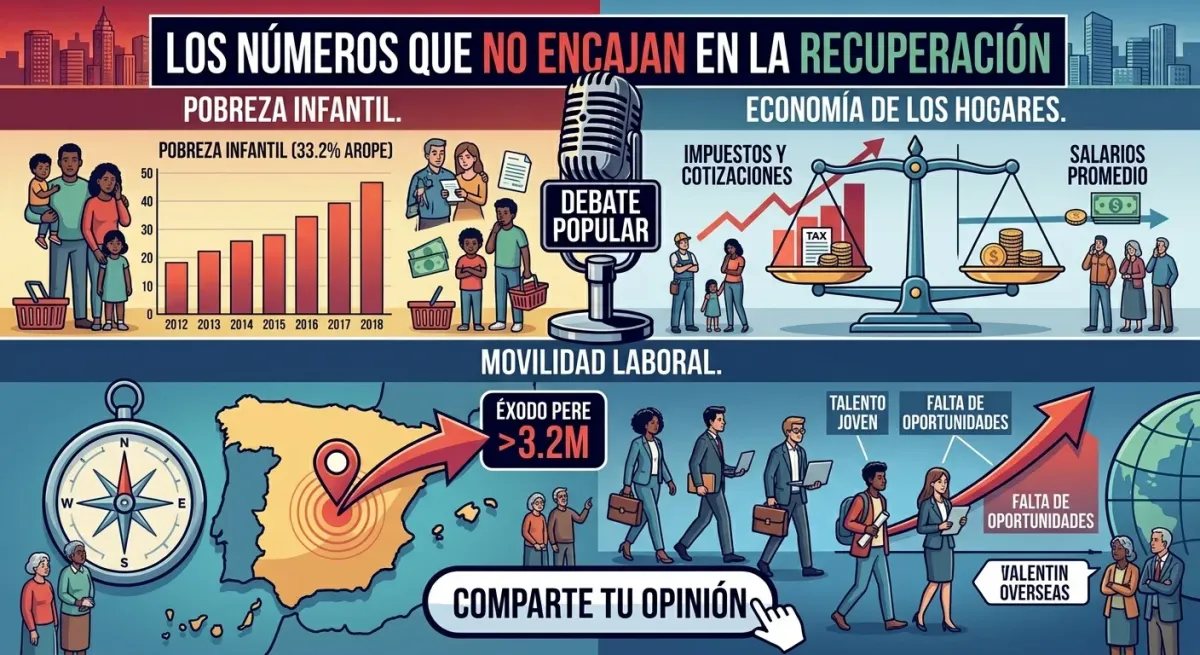 Infografía de Debate Popular detallando la tasa AROPE de pobreza infantil, el desempleo juvenil y el éxodo en el censo PERE.