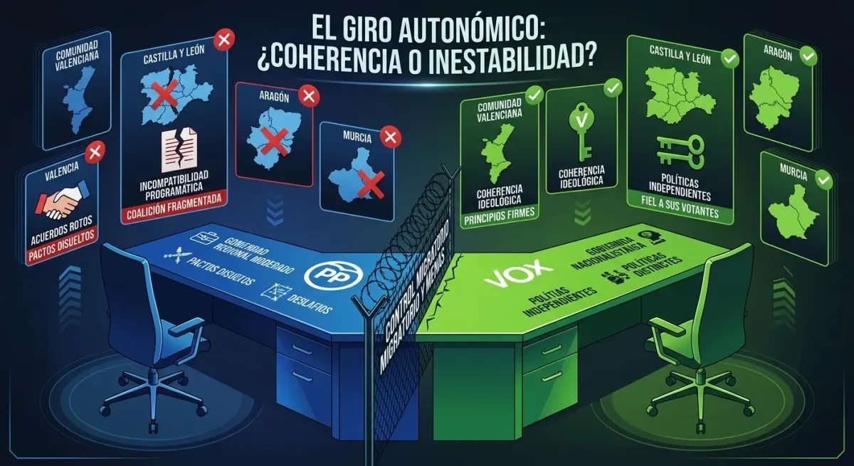 Gráfico explicativo sobre la ruptura de los acuerdos autonómicos entre PP y Vox por las políticas fronterizas.