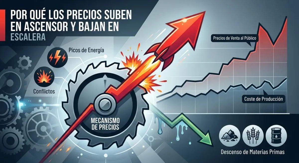 Gráfico explicativo sobre el efecto trinquete en los precios de los alimentos y la lentitud con la que bajan tras las crisis.