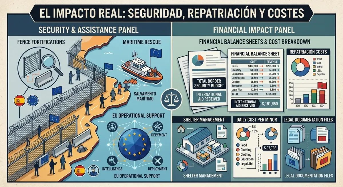 Infografía de Debate Popular analizando los costes de acogida, la gestión de repatriaciones y el mantenimiento fronterizo en Ceuta.