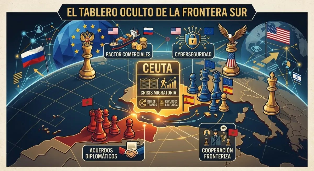 Gráfico explicativo de la influencia geopolítica de grandes potencias en la estabilidad de la frontera sur de España.
