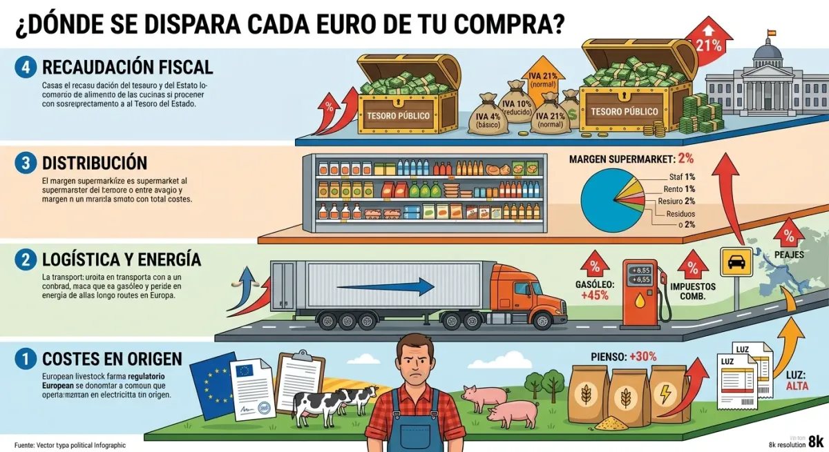 Infografía de Debate Popular explicando los eslabones de coste en la cadena alimentaria desde el campo hasta la caja del supermercado.
