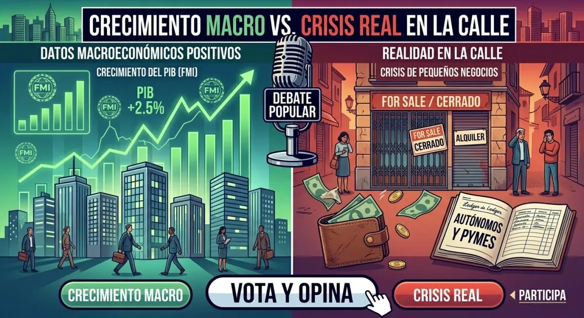 Portada de Debate Popular con ilustración editorial sobre la brecha entre el crecimiento del PIB y la crisis de autónomos y familias.