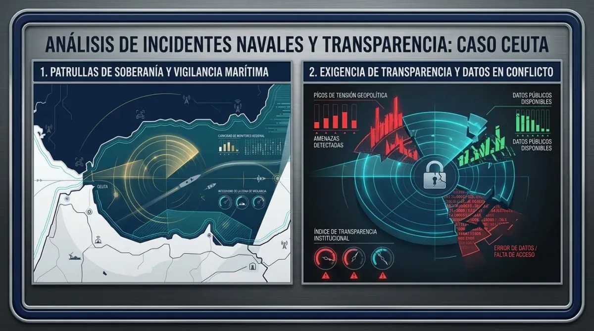 Ilustración conceptual de vigilancia naval frente a Ceuta con embarcaciones españolas y marroquíes.
