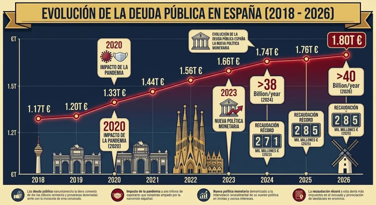 Infografía de Debate Popular detallando la evolución de la deuda pública española en millones de euros de 2018 a 2026.