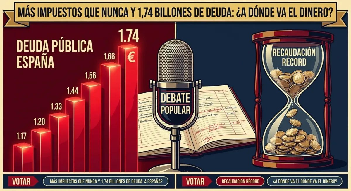 Portada de Debate Popular con ilustración editorial sobre la evolución de la deuda pública y el récord de recaudación fiscal en España.