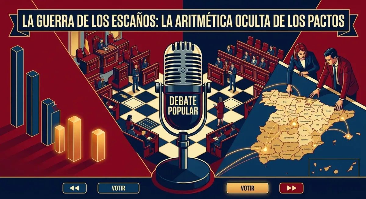Portada de Debate Popular con ilustración editorial sobre el reparto de escaños por Ley D'Hondt, las Diputaciones y los pactos de gobierno.