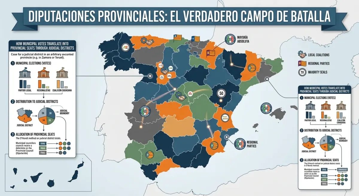 Gráfico explicativo sobre el funcionamiento, presupuesto y reparto de escaños en las Diputaciones Provinciales.