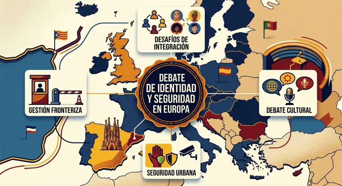 Gráfico explicativo sobre los retos de integración, inmigración y seguridad en Europa y Cataluña.