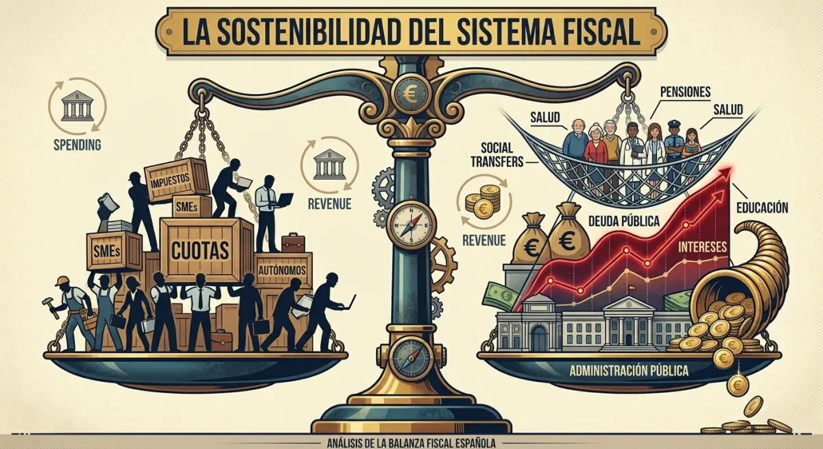 Ilustración infográfica representando la relación de sostenibilidad entre el tejido productivo privado y el gasto público.