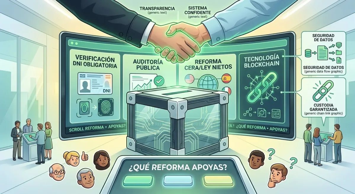 Visión de propuestas de reforma para un sistema electoral con plenas garantías, invitando al usuario a votar y opinar.