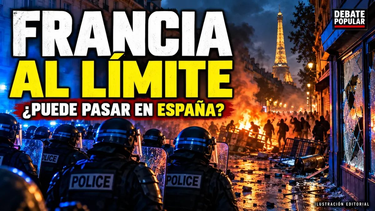 Portada editorial ilustrada sobre los disturbios en Francia, con policías, barricadas y el titular “Francia al límite: ¿puede pasar en España?