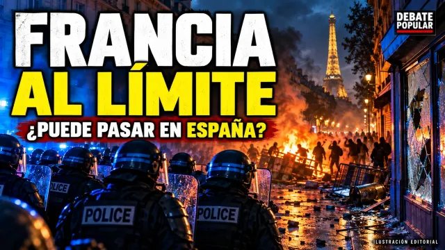 Portada editorial ilustrada sobre los disturbios en Francia, con policías, barricadas y el titular “Francia al límite: ¿puede pasar en España?