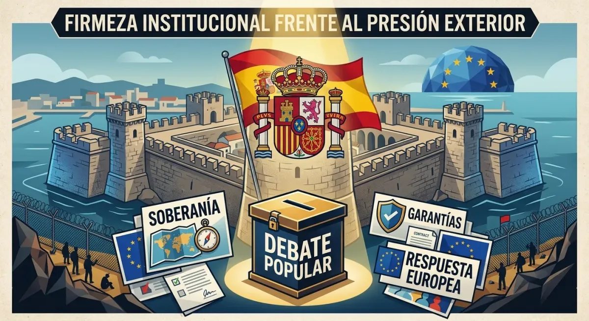 Ilustración conceptual sobre la afirmación de la soberanía nacional e institucional durante la visita a la ciudad autónoma de Ceuta.