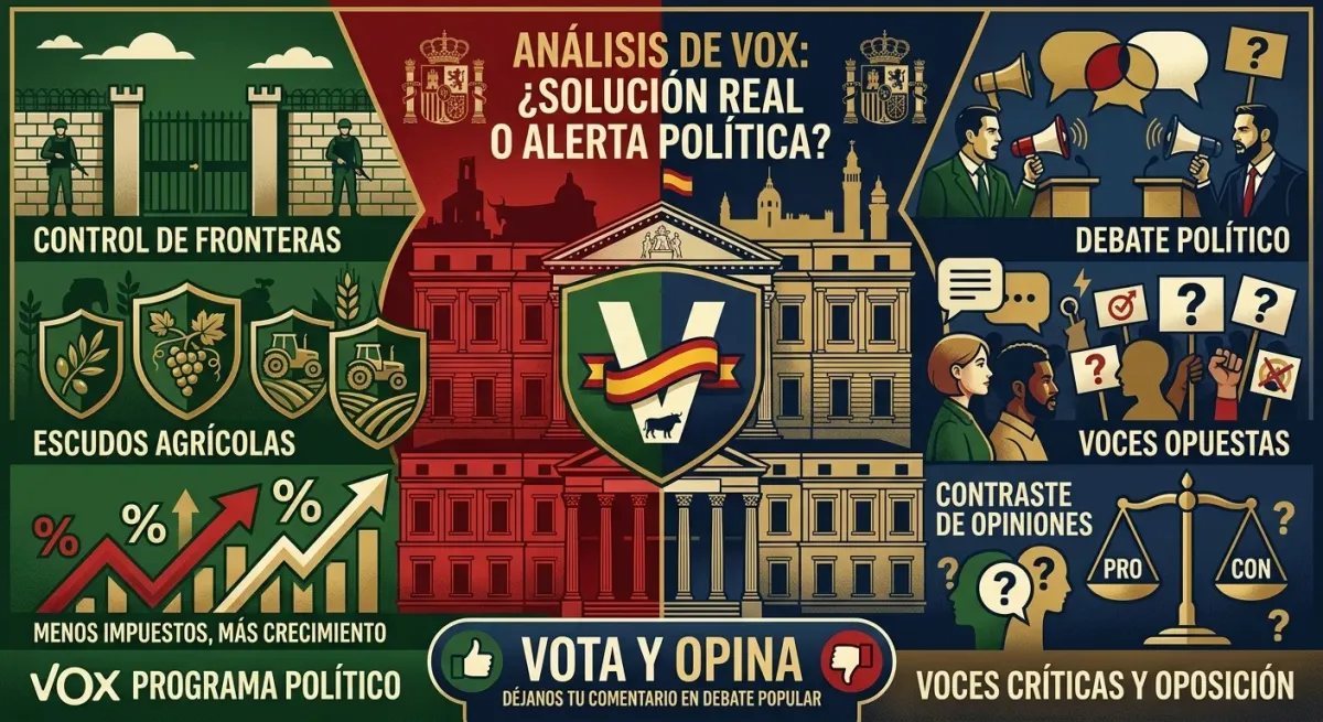 Portada de Debate Popular con ilustración editorial sobre el análisis completo del programa, la gestión y el ideario de Vox.
