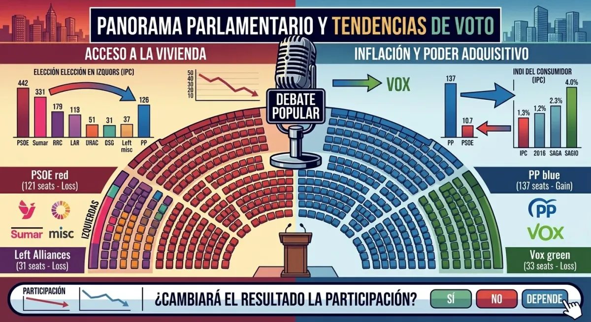 Ilustración infográfica representando el reparto de escaños estimado y las fuerzas en el Congreso.