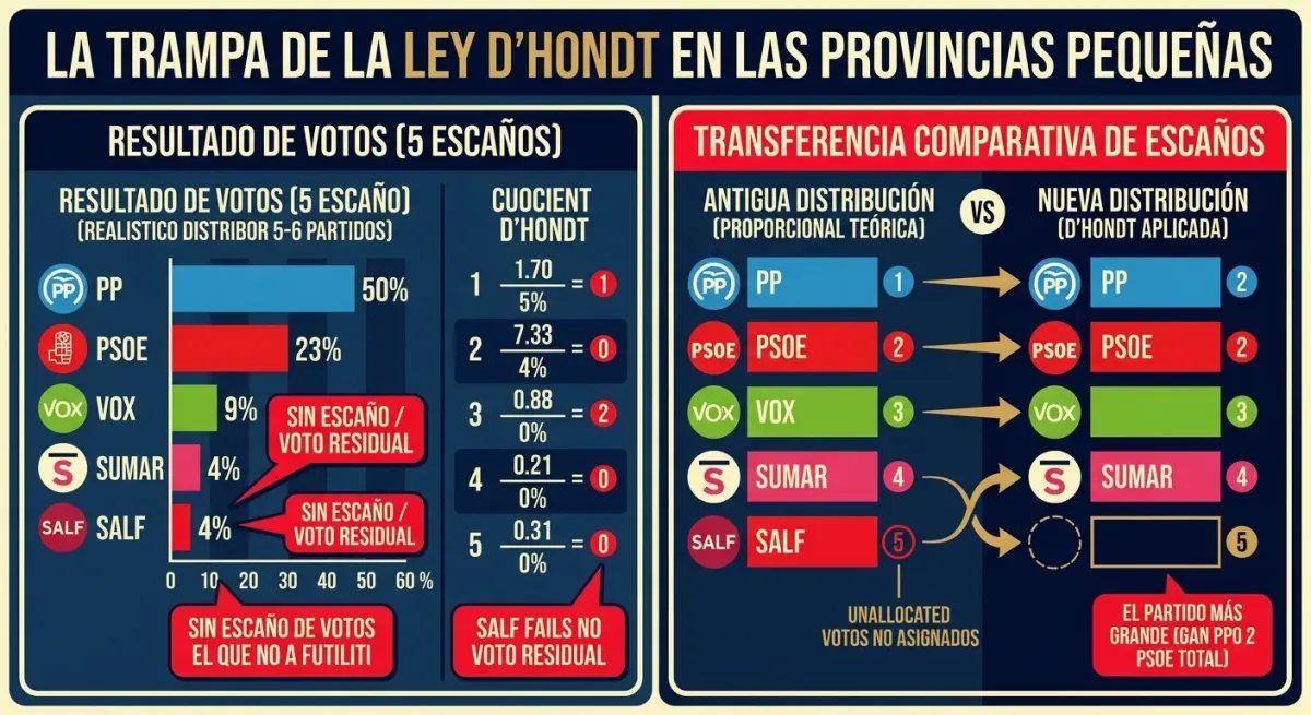 Infografía de Debate Popular explicando el efecto del sistema electoral en la pérdida de votos de partidos minoritarios