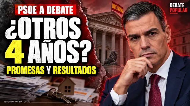 Portada editorial con Pedro Sánchez y el Congreso: “PSOE a debate: ¿otros 4 años? Promesas y resultados”