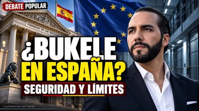 Portada editorial con Nayib Bukele, el Congreso y la bandera europea: “¿Bukele en España? Seguridad y límites”