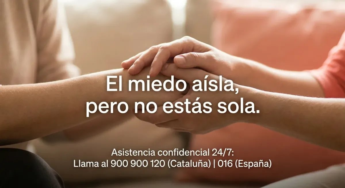 Primer plano de dos manos sosteniéndose con firmeza sobre un fondo cálido difuminado en tonos tierra y coral. Texto superpuesto que dice: "El miedo aísla, pero no estás sola." e incluye los teléfonos de ayuda confidencia