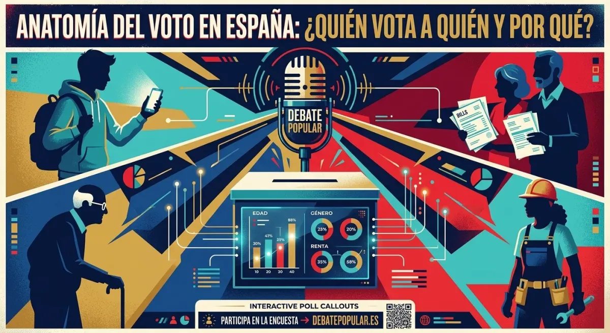 Portada de Debate Popular con ilustración editorial sobre la sociología del voto en España por tramos de edad, género y renta