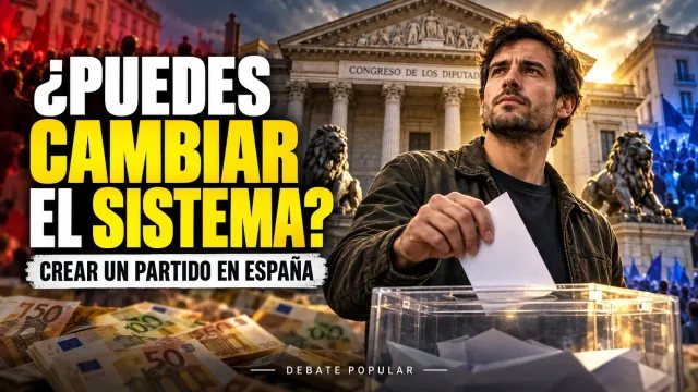 Portada sobre crear un partido político en España, con un ciudadano votando, el Congreso y el debate sobre financiación y representación