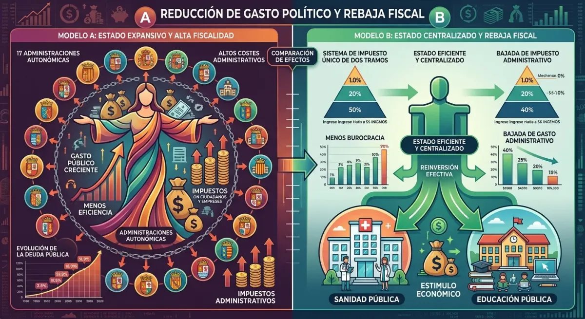 Ilustración infográfica comparando el modelo económico y de reducción autonómica propuesto por Vox frente al modelo actual.