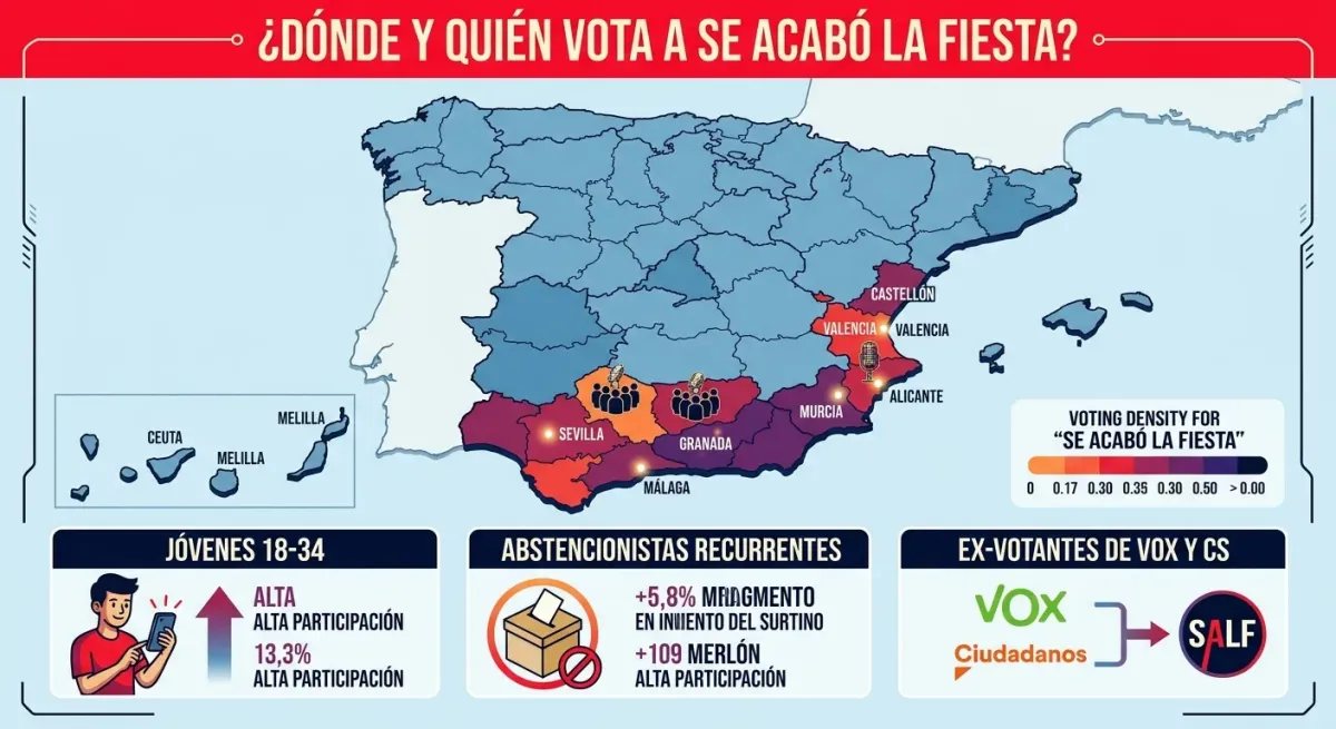 Gráfico explicativo sobre el perfil demográfico y territorial de los votantes de Se Acabó La Fiesta.