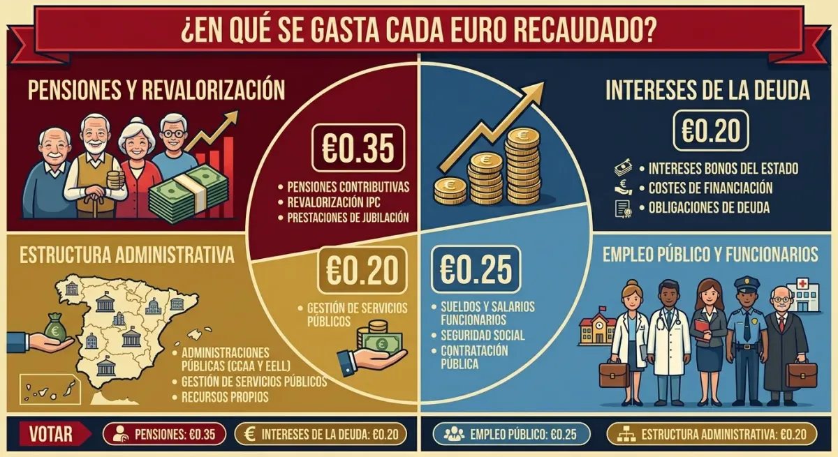 Gráfico explicativo sobre el desglose de los gastos del Estado entre pensiones, intereses de deuda y empleo público.