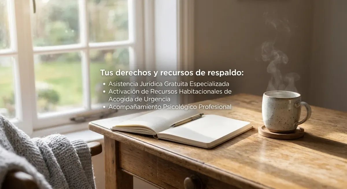 Una escena acogedora de interior iluminada por luz natural que entra por una ventana. Sobre una mesa de madera hay una taza de té y una libreta abierta. Texto integrado que detalla derechos y recursos: asistencia jurídic