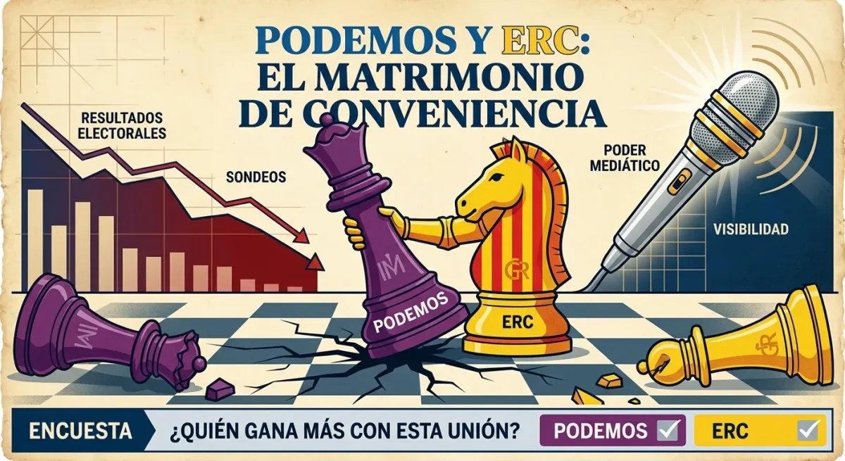 Gráfico editorial que simboliza el rescate político de Podemos por parte de ERC en un tablero de ajedrez, preguntando quién gana más con la unión.