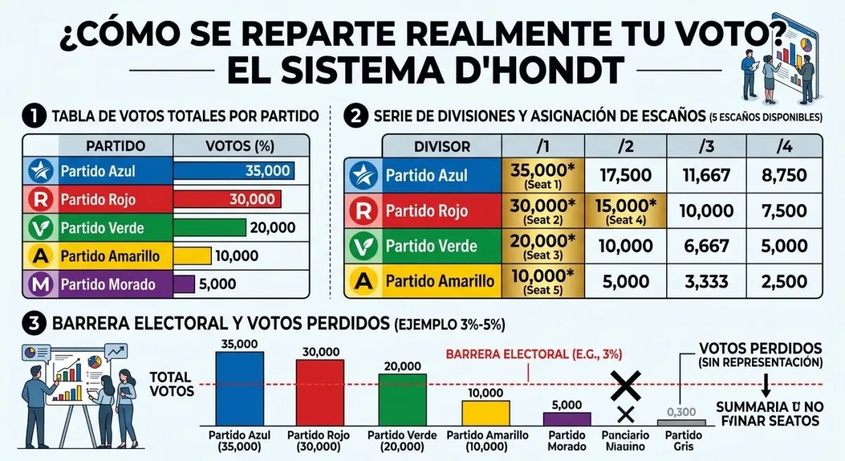 Infografía de Debate Popular explicando matemáticamente el funcionamiento de la Ley D'Hondt y la pérdida de restos electorales.