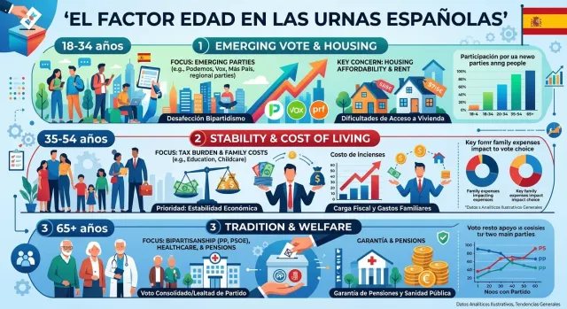 Infografía de Debate Popular explicando el comportamiento del electorado español dividido en tres tramos de edad.
