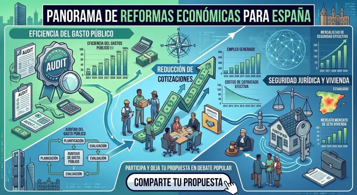 Ilustración infográfica representando propuestas de reforma laboral, eficiencia del gasto público y apoyo a la economía productiva.