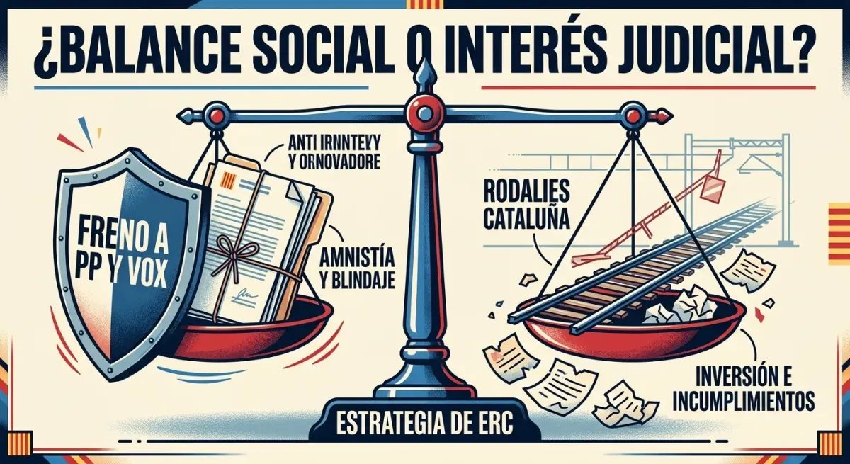 Infografía política sobre la estrategia de ERC, comparando el blindaje judicial y freno a la derecha con las promesas incumplidas de inversión en Cataluña.