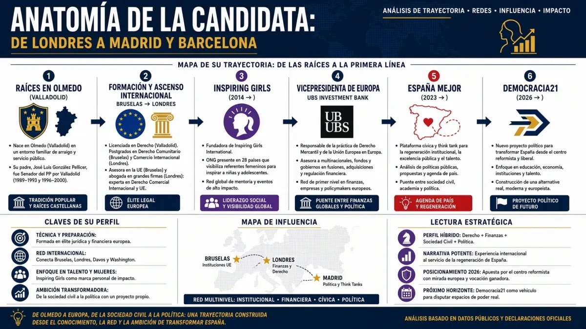 Infografía de Debate Popular detallando la trayectoria académica, profesional y política de Miriam González Durántez.