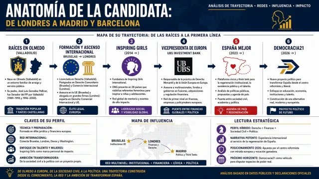 Infografía de Debate Popular detallando la trayectoria académica, profesional y política de Miriam González Durántez.