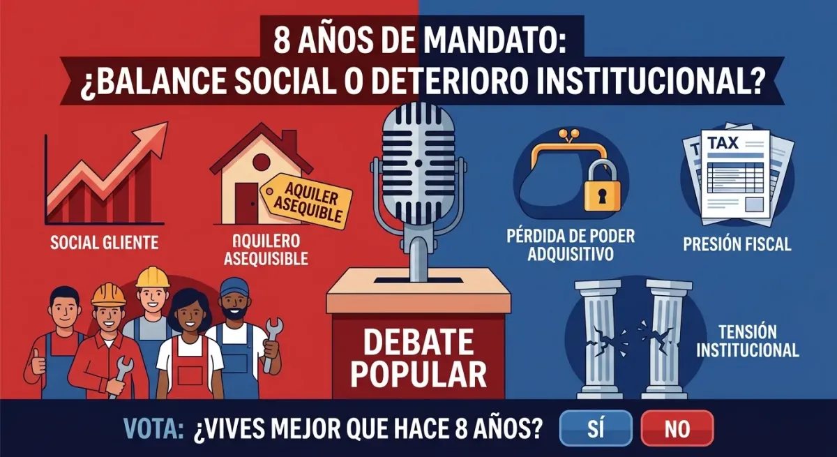 Infografía de Debate Popular analizando el balance de los ocho años de Gobierno y el pulso con la oposición.