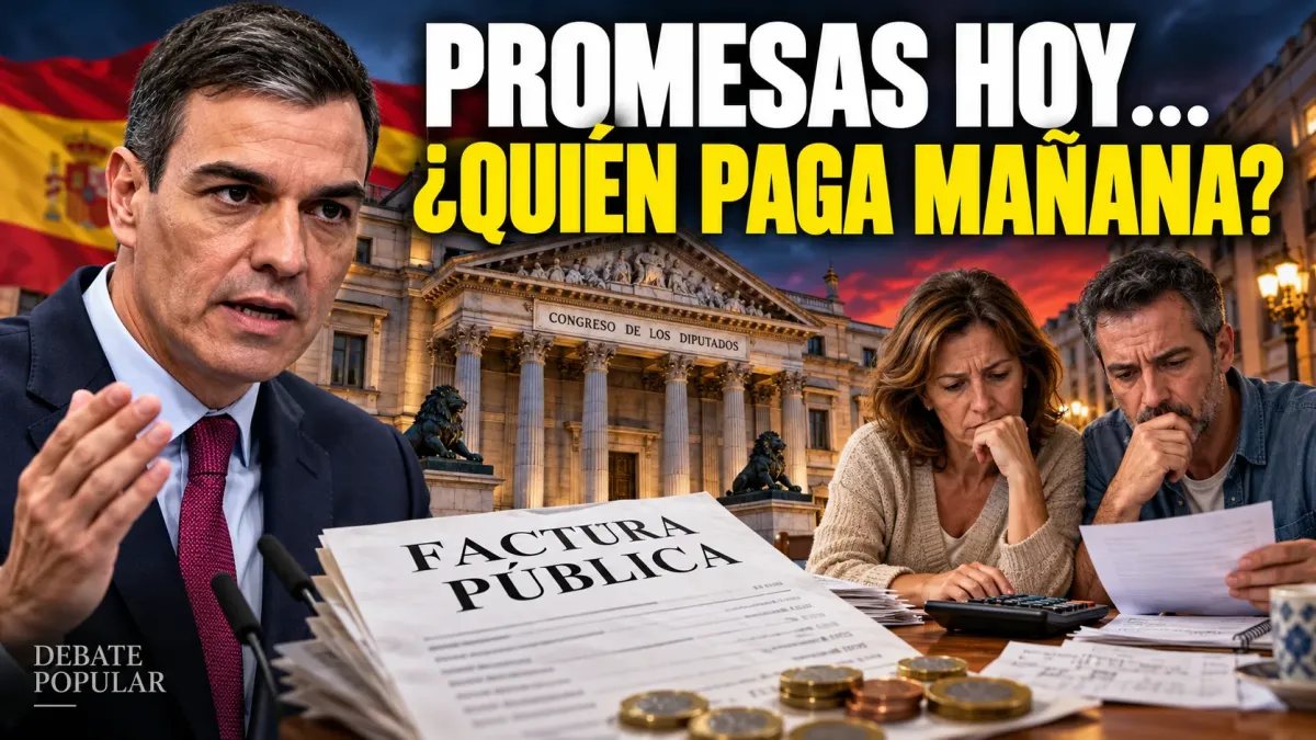 Montaje editorial de Pedro Sánchez, el Congreso y una pareja revisando facturas, con el titular «Promesas hoy… ¿Quién paga mañana?»