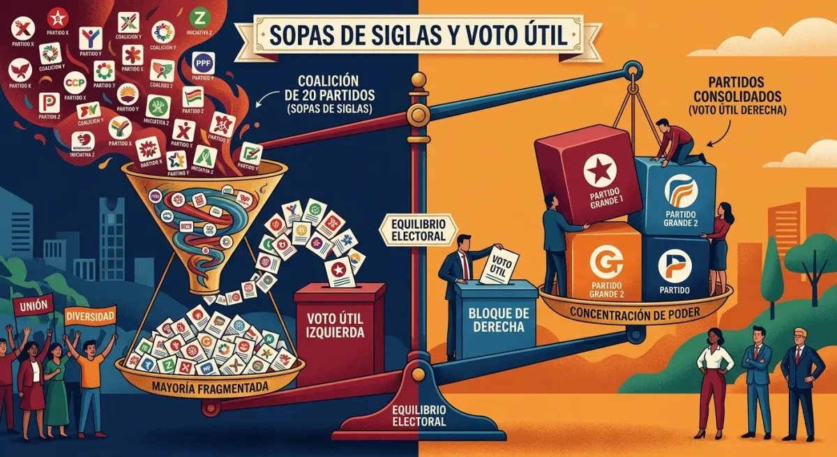 Ilustración infográfica representando la alianza de coaliciones de izquierda para no perder escaños frente a grandes bloques.