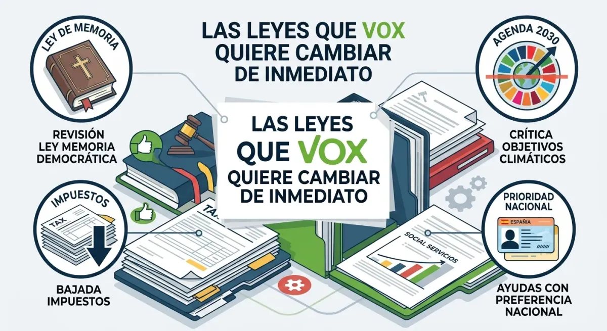 Infografía de Debate Popular detallando las principales leyes que Vox propone derogar y modificar.