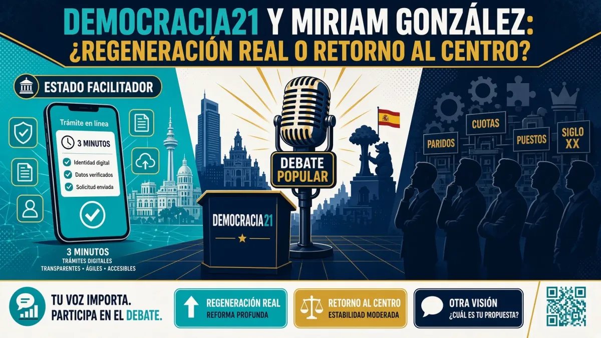 Portada de Debate Popular con ilustración editorial sobre la presentación del partido Democracia21 y Miriam González