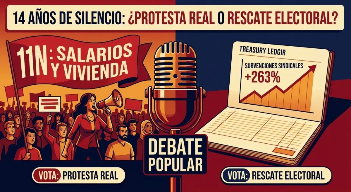 Portada de Debate Popular con ilustración editorial sobre la huelga del 11N convocada por CCOO y UGT y el debate sobre sus subvenciones.
