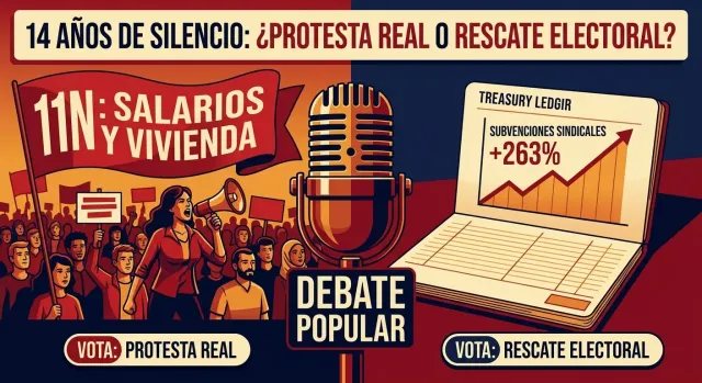 Portada de Debate Popular con ilustración editorial sobre la huelga del 11N convocada por CCOO y UGT y el debate sobre sus subvenciones.