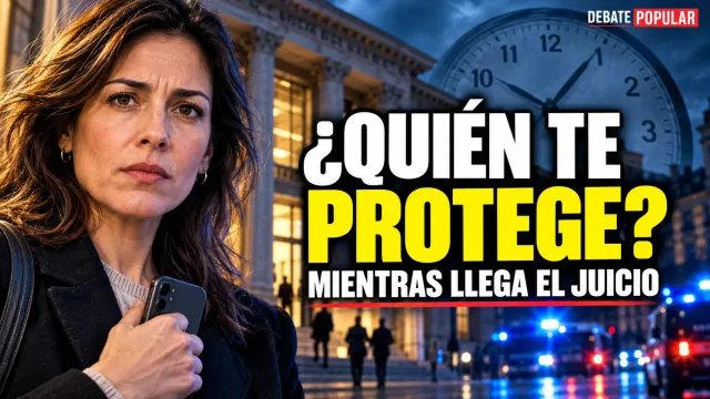 Mujer con un móvil ante unos juzgados, un reloj y luces de emergencia, junto al titular «¿Quién te protege mientras llega el juicio?».