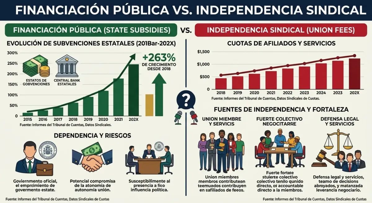 Infografía de Debate Popular mostrando el incremento porcentual de las subvenciones públicas a organizaciones sindicales.