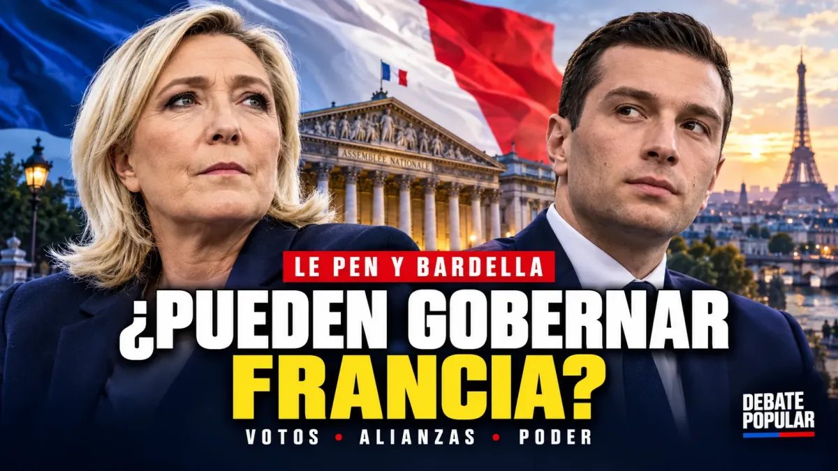 Montaje editorial de Marine Le Pen y Jordan Bardella con la bandera francesa y la Asamblea Nacional, bajo el titular «¿Pueden gobernar Francia?»
