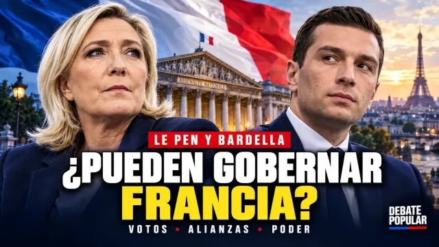Montaje editorial de Marine Le Pen y Jordan Bardella con la bandera francesa y la Asamblea Nacional, bajo el titular «¿Pueden gobernar Francia?»