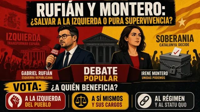 Portada ilustrada de Debate Popular mostrando a Gabriel Rufián e Irene Montero en un podio sobre un fondo dividido, analizando su alianza política y supervivencia.