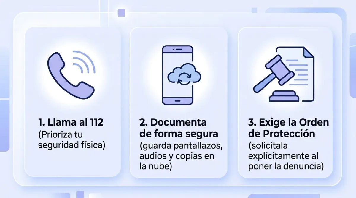 Una infografía moderna y limpia con bloques de colores azul y lavanda suave. Muestra una guía de actuación inmediata en tres pasos con iconos: 1. Llamar al 112 para seguridad física, 2. Documentar de forma segura (guarda